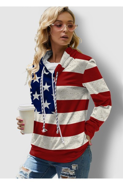 American Flag Print Drawstring Long Sleeve Sweatshirt