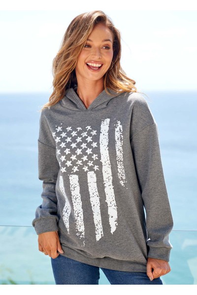 American Flag Print Long Sleeve Grey Hoodie