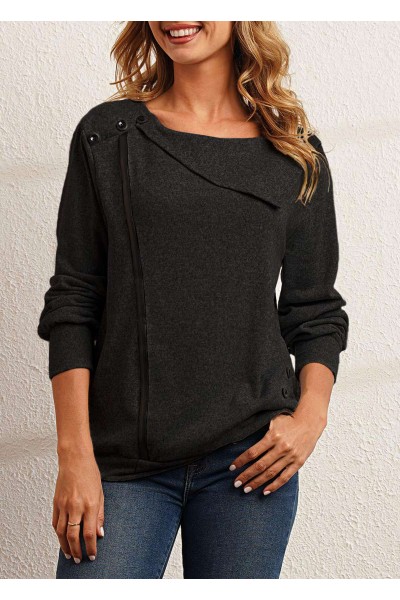 Black Decorative Button Long Sleeve Sweatshirt