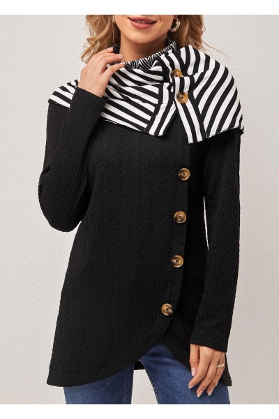 Black Striped Decorative Button Cape Sleeve Sweatshirt