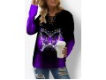 Butterfly Print Lace Up Split Neck Purple Sweatshirt