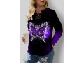 Butterfly Print Lace Up Split Neck Purple Sweatshirt