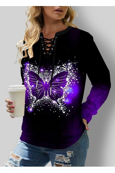 Butterfly Print Lace Up Split Neck Purple Sweatshirt