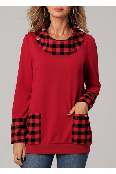 Christmas Plaid Long Sleeve Red Pocket Sweatshirt