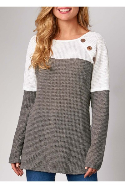 Coffee Decorative Button Contrast Long Sleeve Sweatshirt