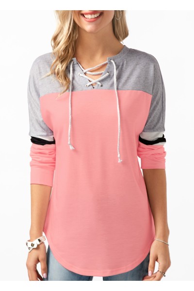 Contrast Lace Up Long Sleeve Sweatshirt