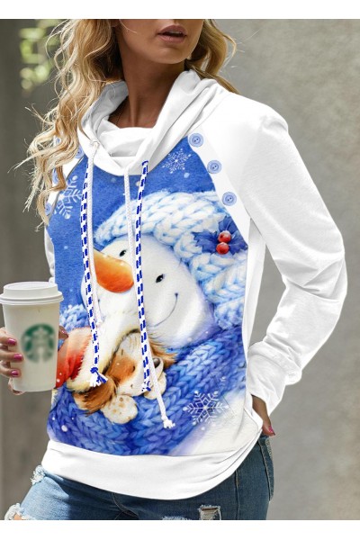 Cowl Neck Christmas Print White Long Sleeve Sweatshirt