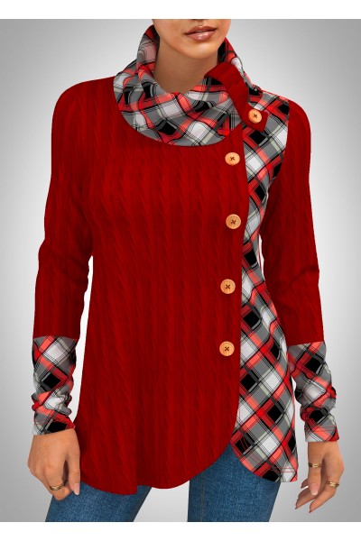 Decorative Button Christmas Plaid Twisted Red Sweatshirt