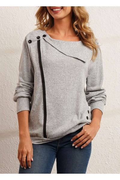 Decorative Button Long Sleeve Grey Sweatshirt