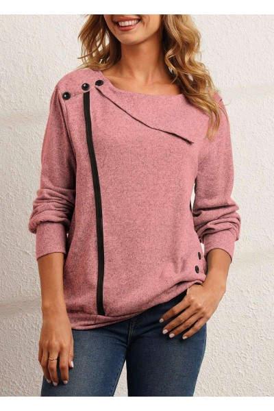 Decorative Button Pink Long Sleeve Sweatshirt