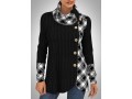 Decorative Button Plaid Long Sleeve Cowl Neck Sweatshirt