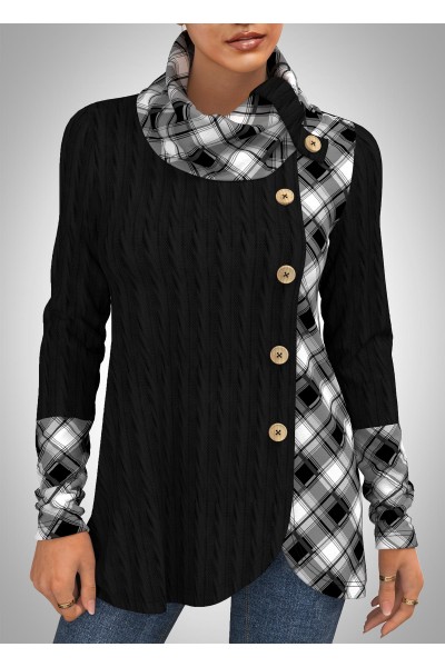 Decorative Button Plaid Long Sleeve Cowl Neck Sweatshirt