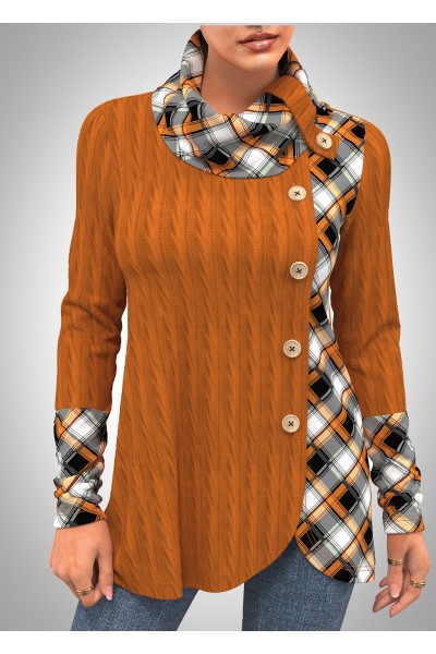 Decorative Button Plaid Long Sleeve Cowl Neck Sweatshirt