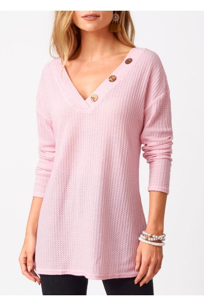 Decorative Button Solid Long Sleeve V Neck Sweatshirt