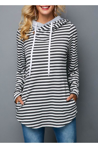 Decorative Button Stripe Print Long Sleeve Hoodie