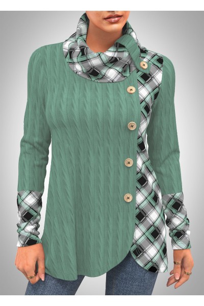 Decorative Button Twisted Green Long Sleeve Sweatshirt