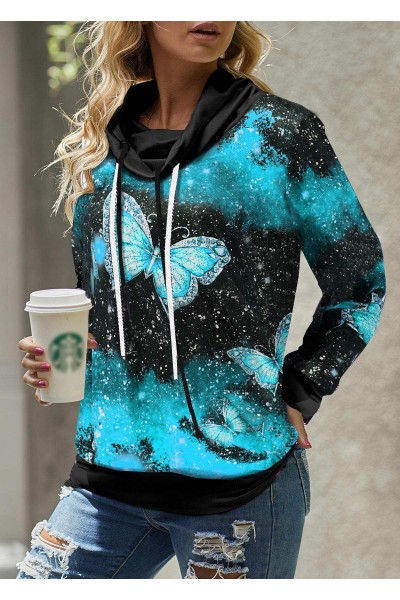 Drawstring Detail Butterfly Print Cowl Neck Sweatshirt