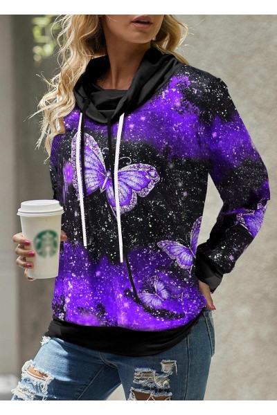 Drawstring Detail Butterfly Print Cowl Neck Sweatshirt