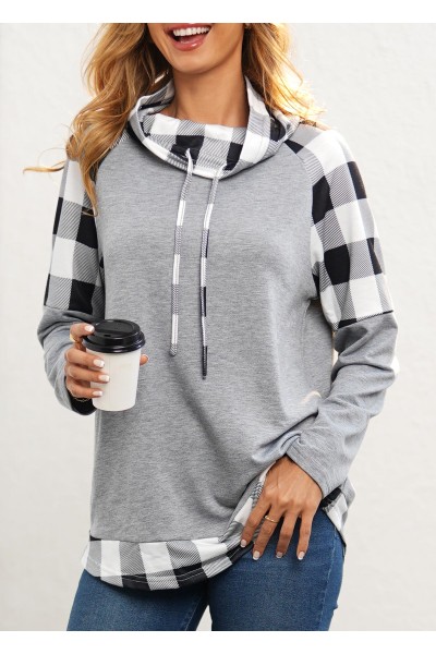 Drawstring Plaid Light Grey Cowl Neck Sweatshirt