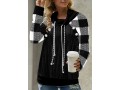 Drawstring Plaid Long Sleeve Cowl Neck Black Sweatshirt