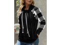 Drawstring Plaid Long Sleeve Cowl Neck Black Sweatshirt