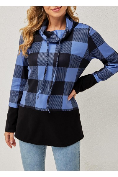 Drawstring Plaid Long Sleeve Cowl Neck Sweatshirt