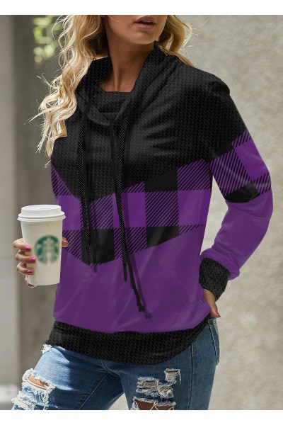 Drawstring Plaid Long Sleeve Cowl Neck Sweatshirt