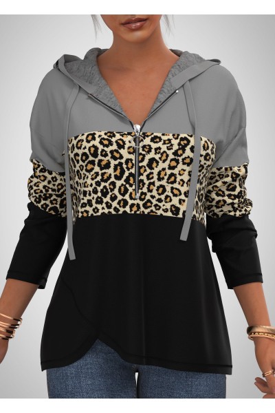 Drawstring Quarter Zip Leopard Crossover Hem Hoodie