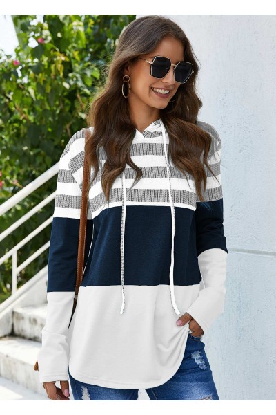 Drawstring Stripe Print Long Sleeve White Hoodie