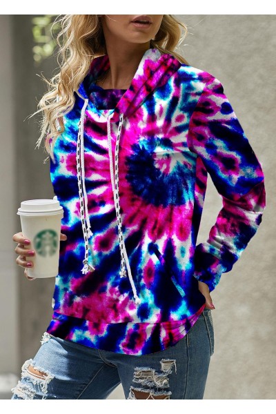 Drawstring Tie Dye Print Long Sleeve Cowl Neck Sweatshirt