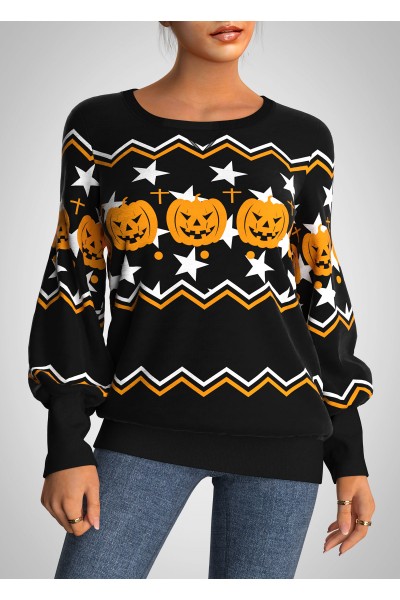 Halloween Pumpkin Print Round Neck Long Sleeve Sweatshirt