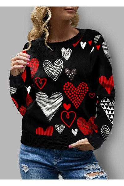 Heart Print Round Neck Long Sleeve Sweatshirt