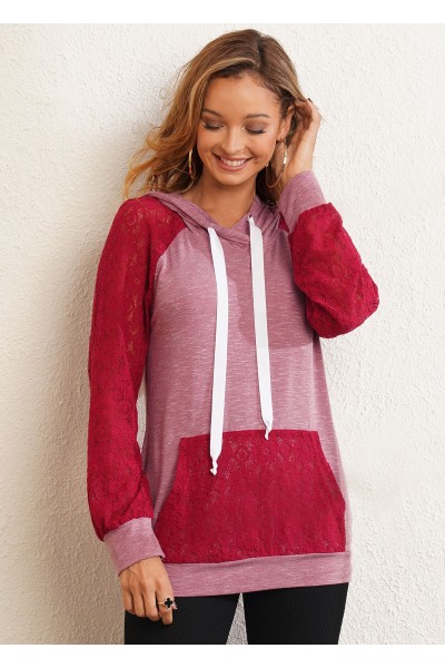 Kangaroo Pocket Lace Stitching Drawstring Hoodie