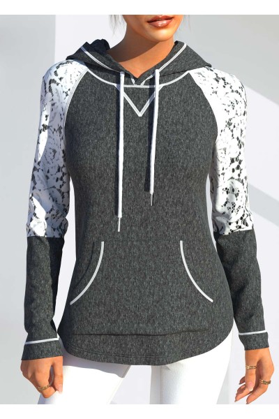 Lace Patchwork Long Sleeve Drawstring Detail Hoodie