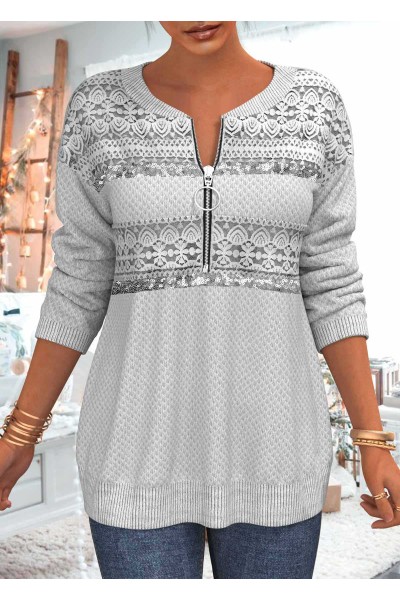 Lace Patchwork Sequin Grey Quarter Zip Sweatshirt