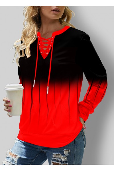 Lace Up Long Sleeve Red Ombre Sweatshirt