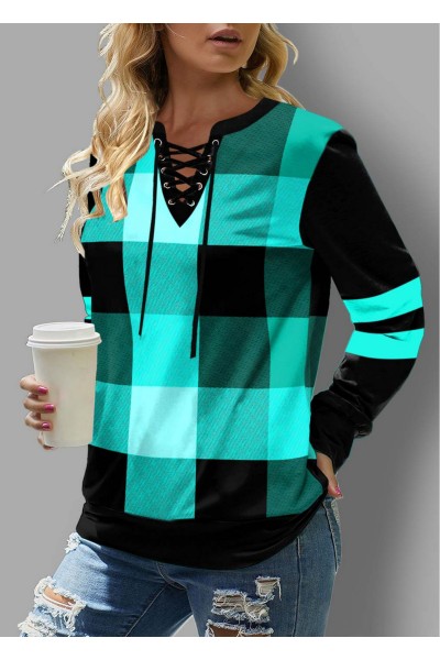 Lace Up Plaid Long Sleeve Sweatshirt