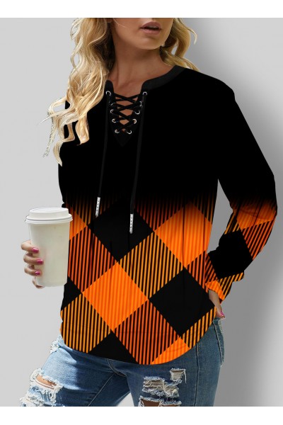 Lace Up Plaid Ombre Long Sleeve Sweatshirt