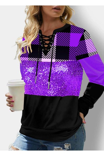 Lace Up Sequin Long Sleeve Plaid Sweatshirt