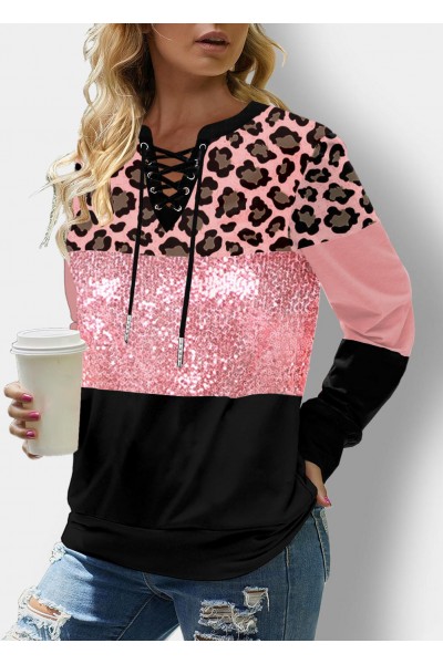 Leopard Sequin Panel Lace Up Sweatshirt