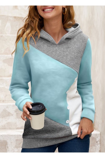 Light Blue Decorative Button Contrast Long Sleeve Hoodie