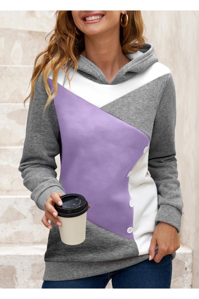 Light Purple Decorative Button Contrast Long Sleeve Hoodie