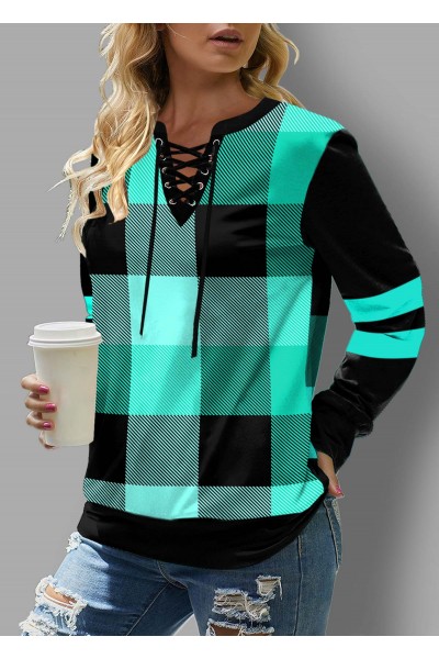 Mint Green Plaid Lace Up Sweatshirt