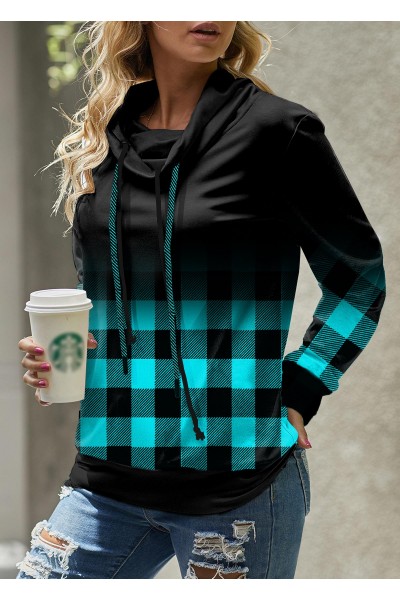 Ombre Plaid Blue Cowl Neck Sweatshirt