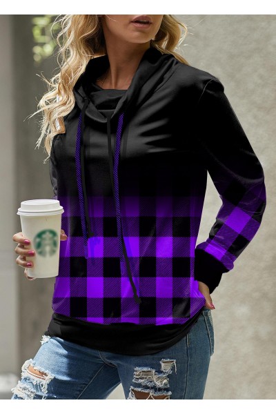 Ombre Plaid Cowl Neck Long Sleeve Sweatshirt