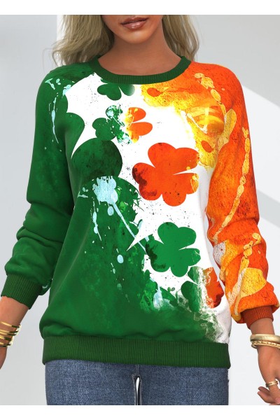 Patricks Day Four Leaf Clover Color Block Sweatshirt