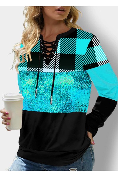 Plaid Cyan Lace Up Sequin Sweatshirt