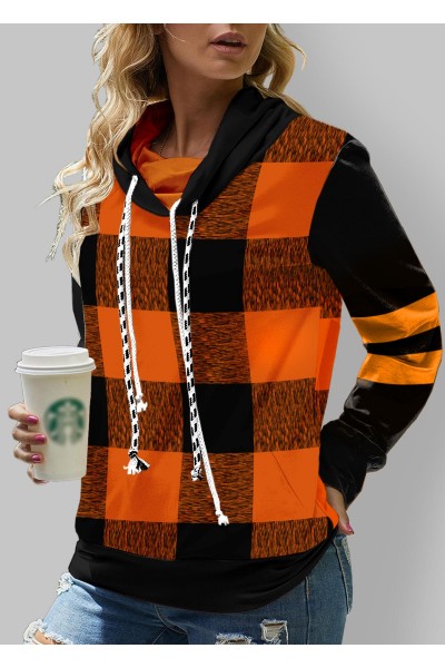 Plaid Drawstring Cowl Neck Long Sleeve Sweatshirt