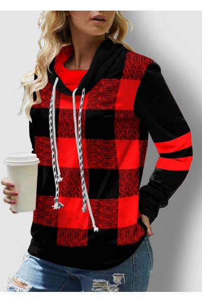 Plaid Drawstring Neck Contrast Long Sleeve Sweatshirt