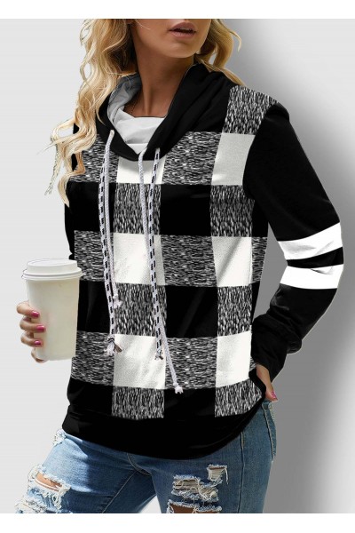 Plaid Drawstring Neck Long Sleeve Contrast Sweatshirt